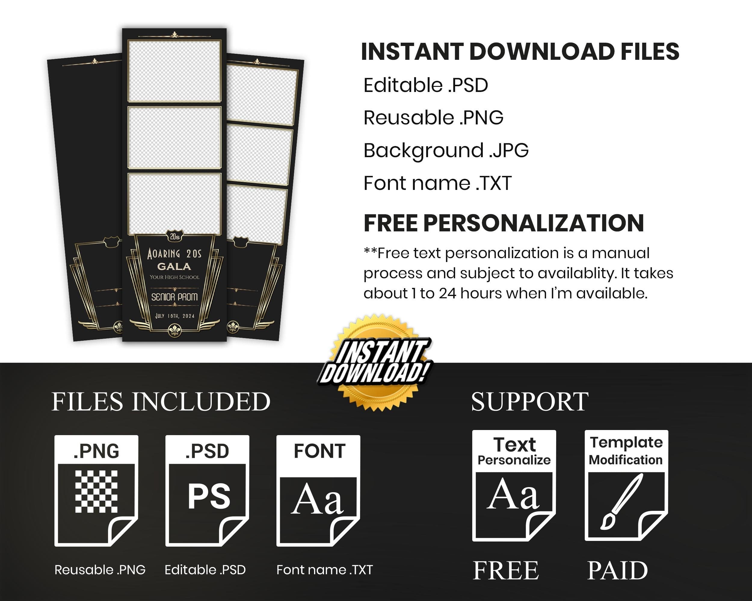 Prom Photobooth, The Great Gatsby Photo Booth Template, Art Deco, Black Gold Foil Geometric 1920s 2x6 Deco, Gala, Great Gatsby, 1082