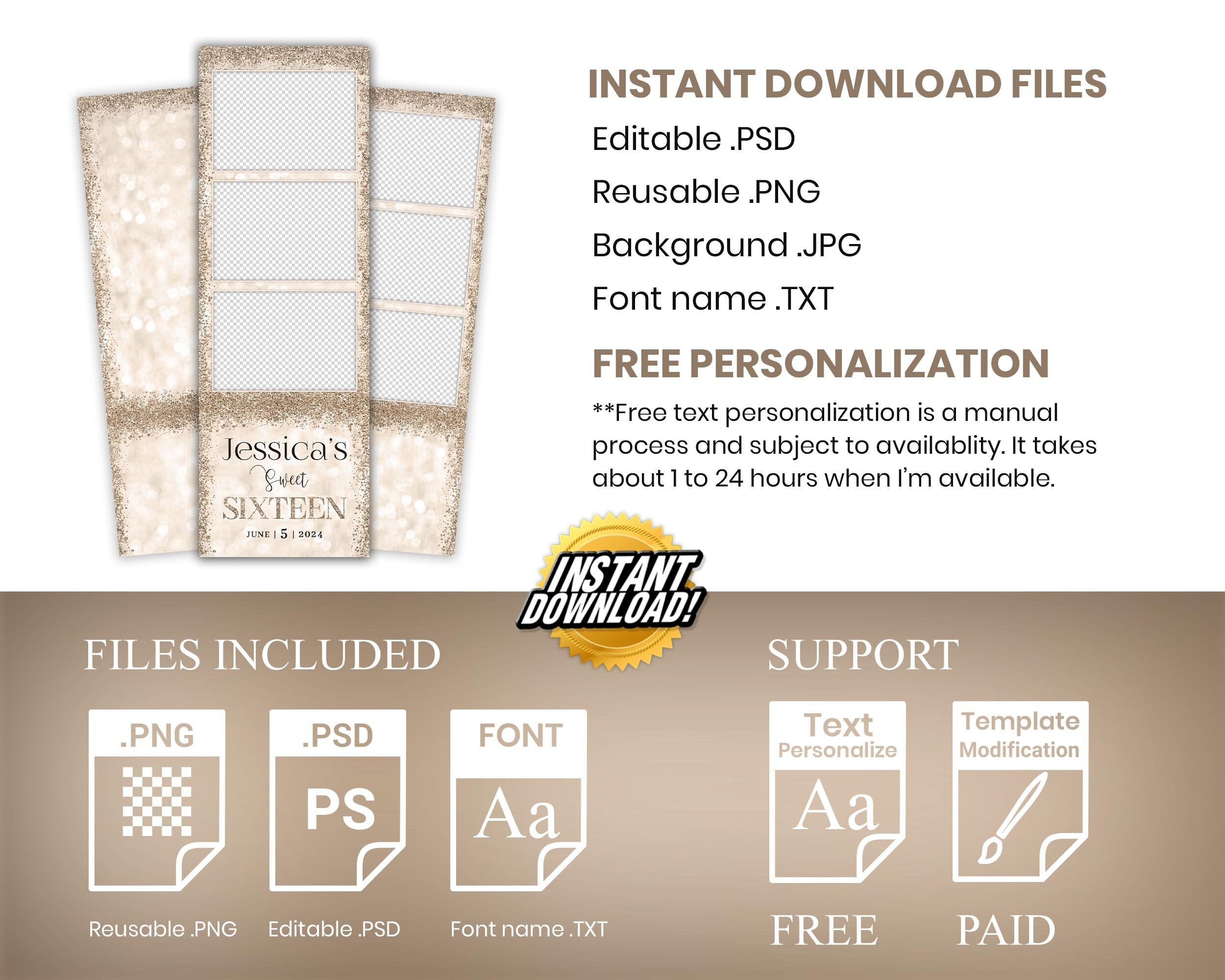 Golden Birthday Sweet 16 Photobooth Template in Golden, Sweet Sixteen, Quinceanera Photo Booth Template, 2x6 Strip Gold Glitter 1099