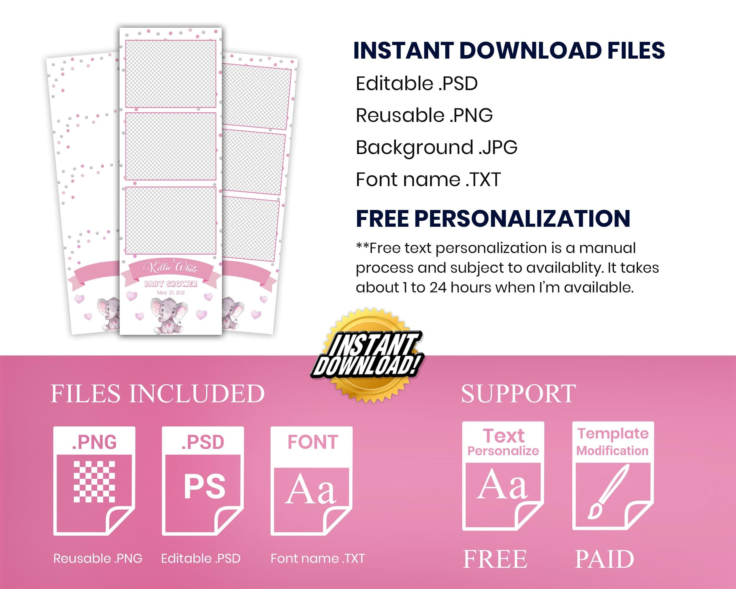 Pink Baby Shower Photobooth Template, Baby Shower Photo Booth, Elephant Baby Birthday Party 267