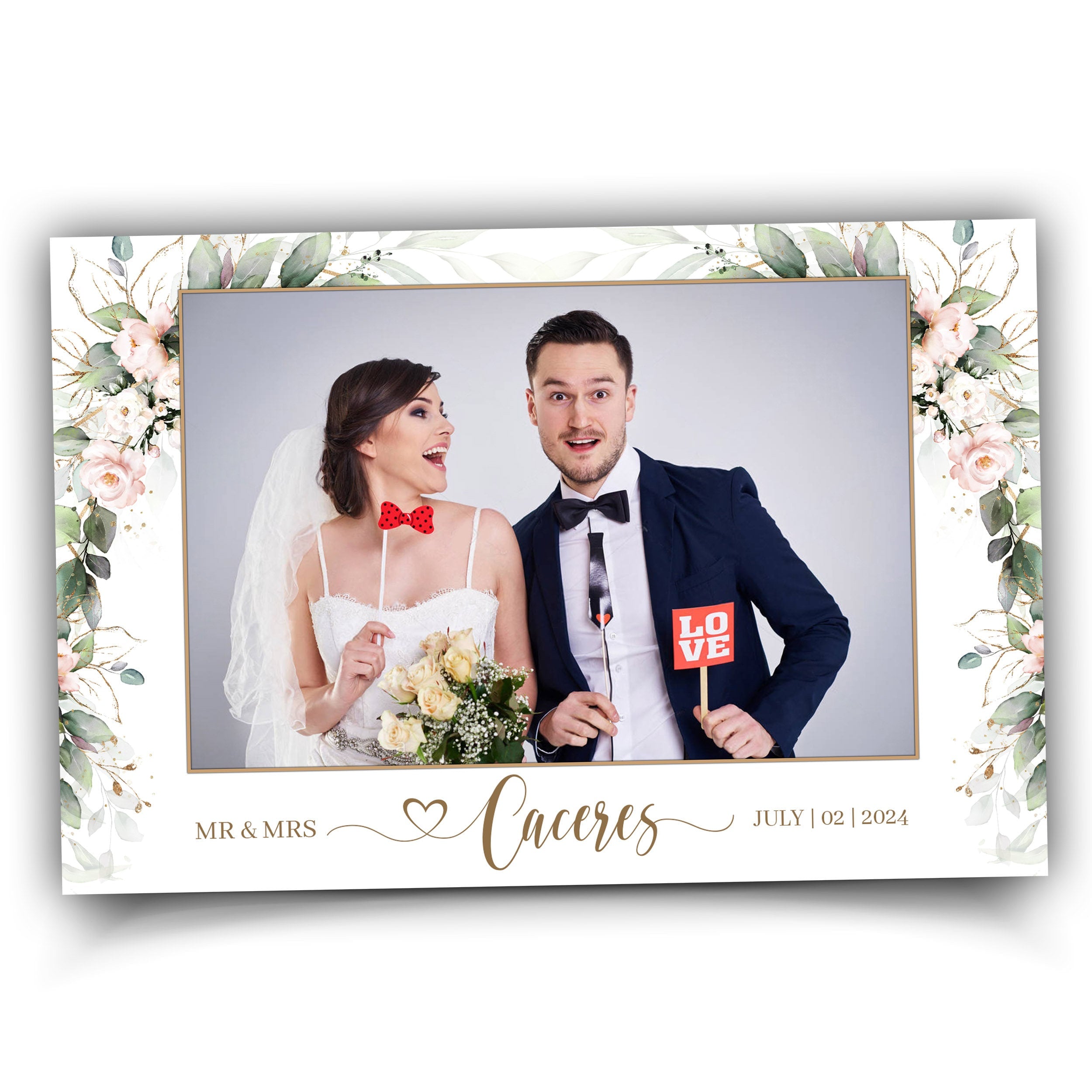 Wedding Photobooth template 4x6 Anniversary photo booth template with Floral blush pink flowers and greenery with gold lines postcard  TB683