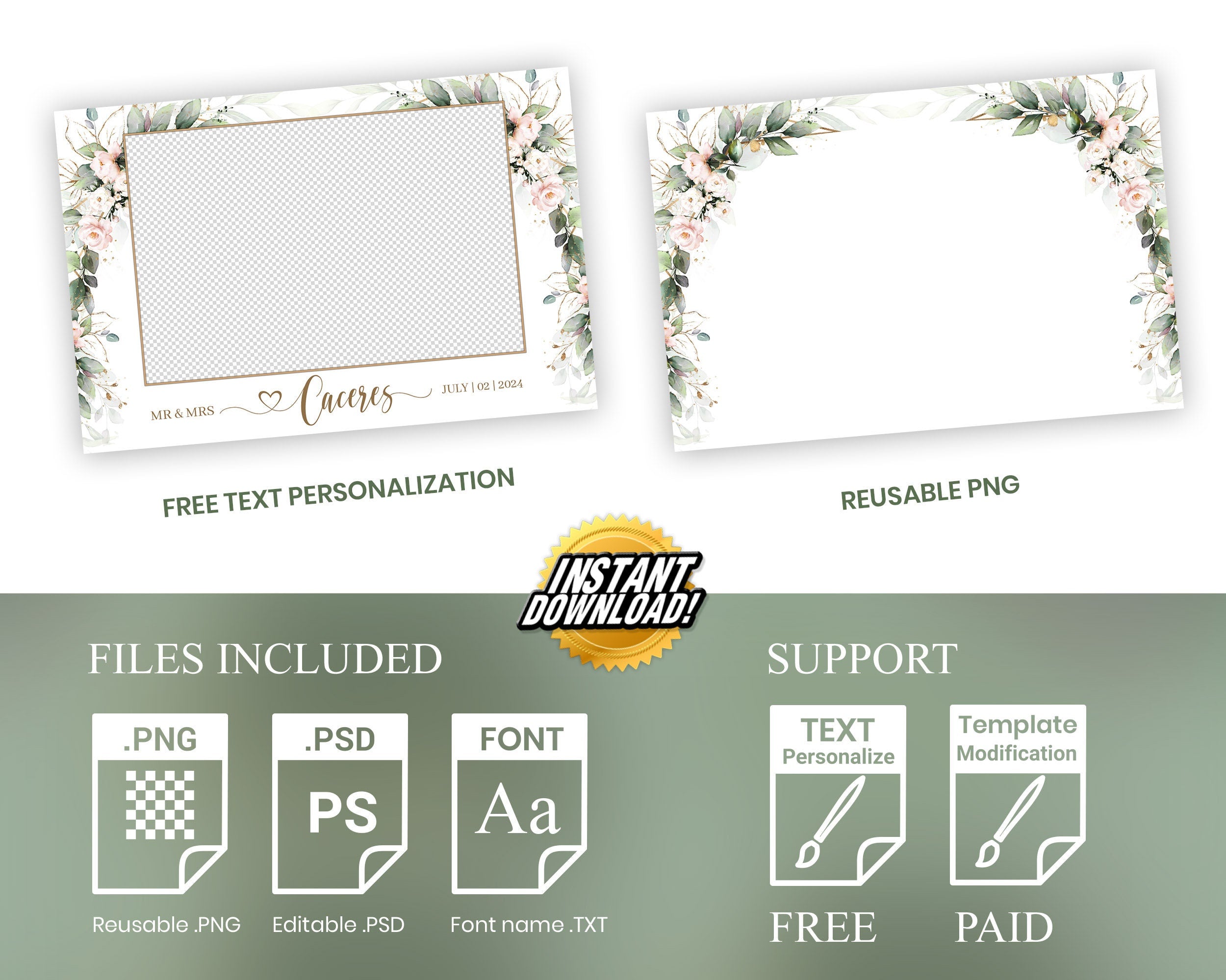 Wedding Photobooth template 4x6 Anniversary photo booth template with Floral blush pink flowers and greenery with gold lines postcard  TB683
