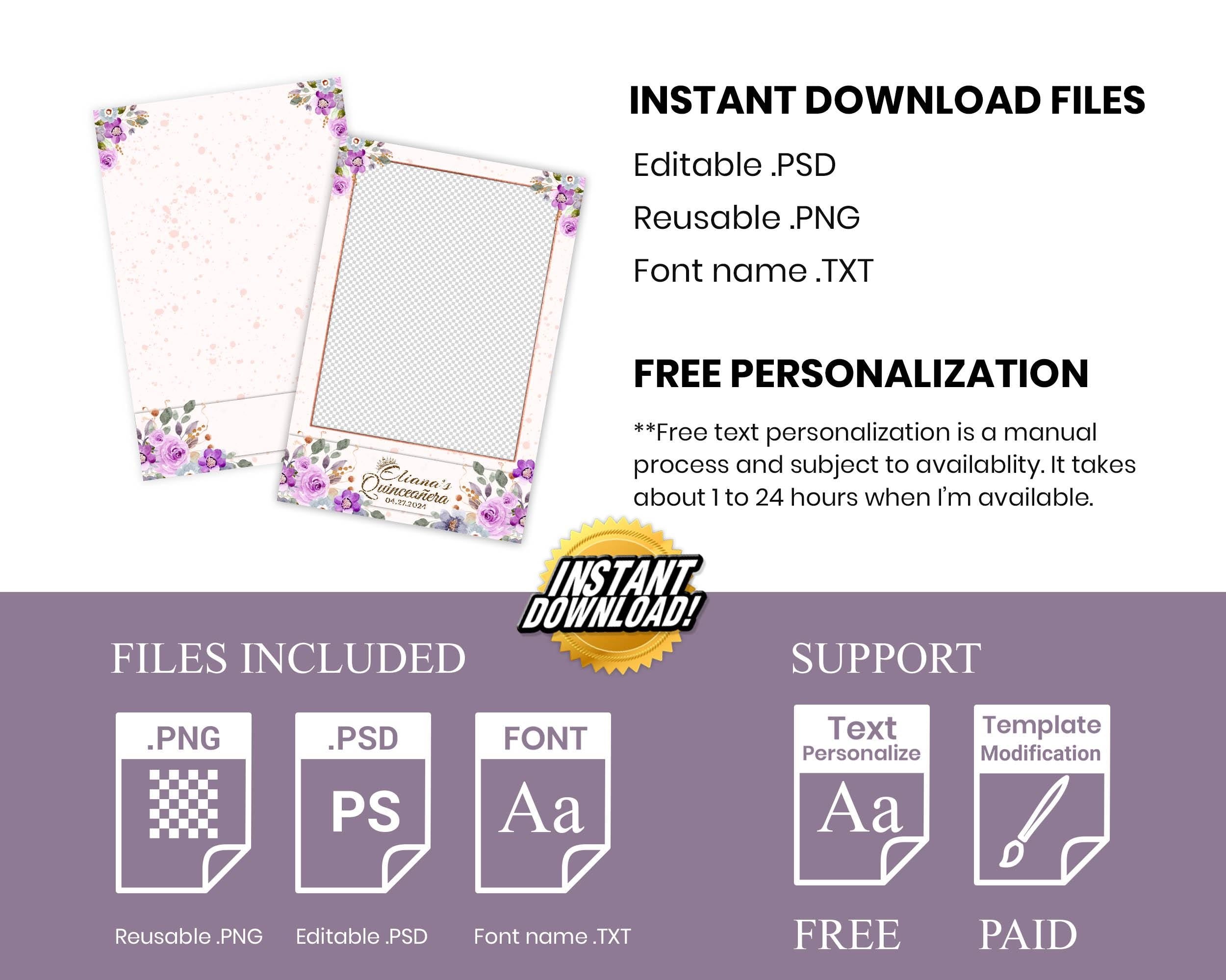 Purple Flower Quinceanera Photobooth Template, Sweet 16 Photo Booth, Birthday, Mis Quince, Wedding, Anniversary, Bridal Shower, Floral