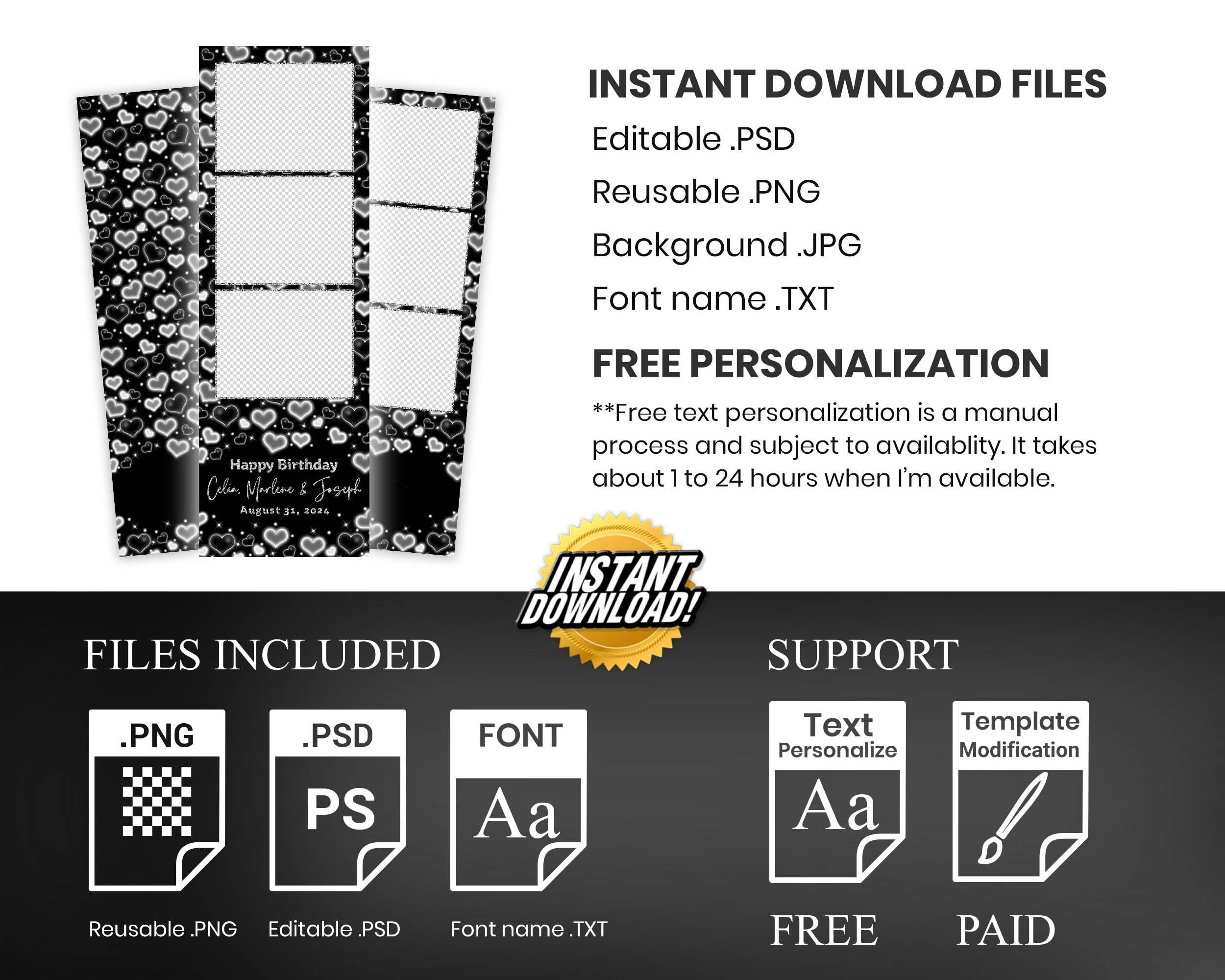 Black White Heart Love Birthday Photo Booth Template 2x6 Strip Wedding Photobooth Template 870