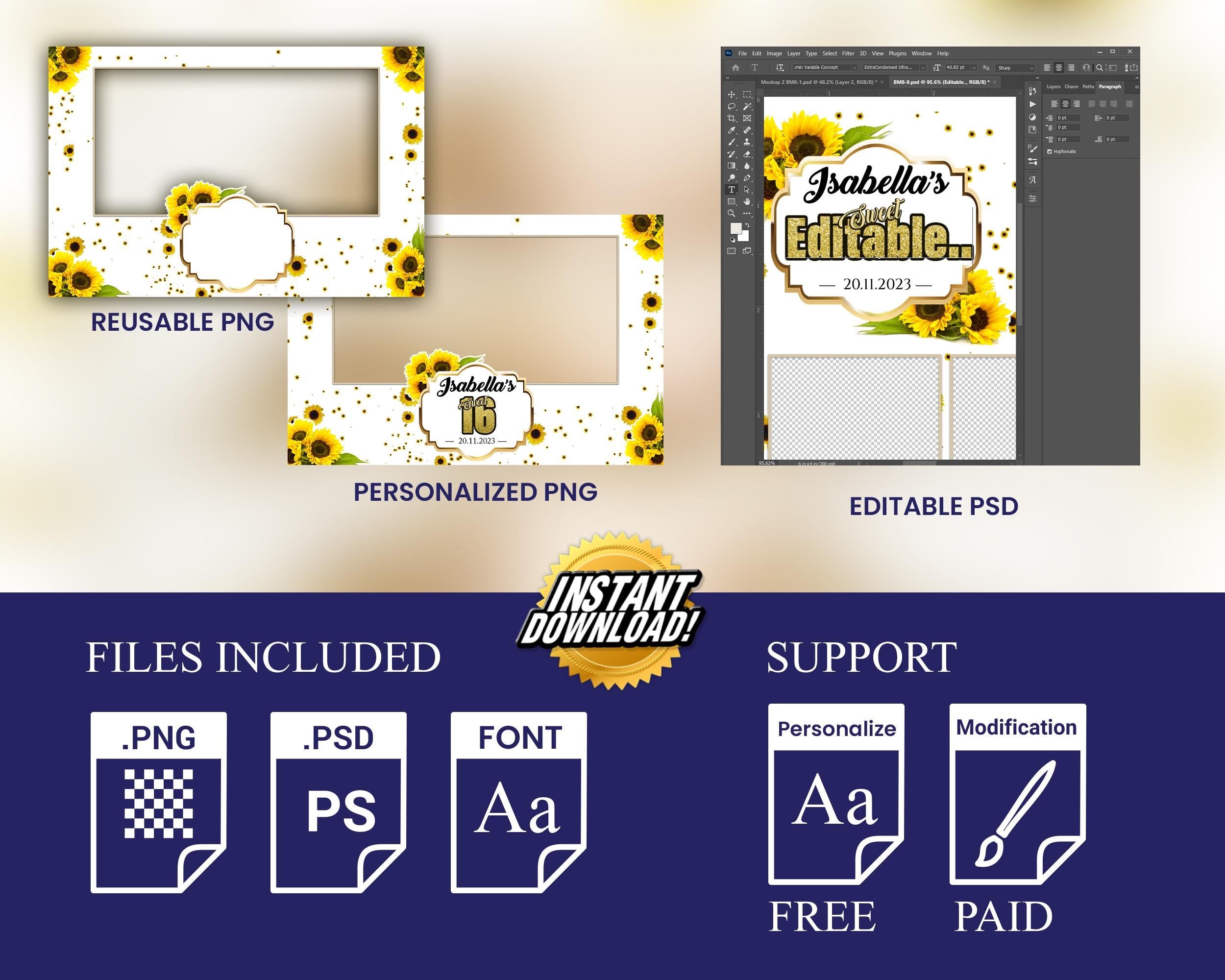 Sunflower Birthday Photobooth Template Sweet 16 Quinceañera 4x6 landscape single photo booth template with gold glitter texts - Layout 5 BM8