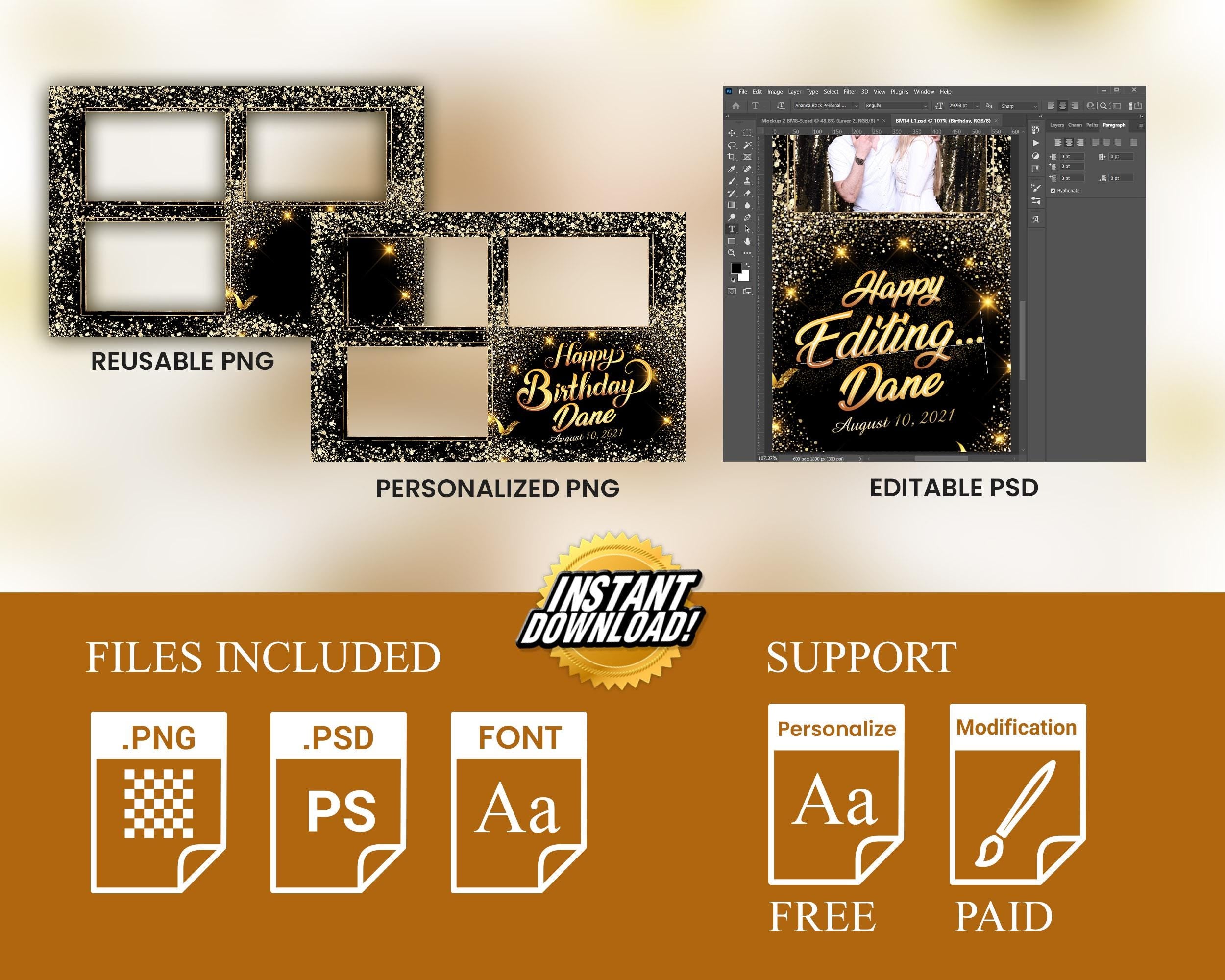 Birthday Photobooth Template 4x6 Black Gold Glitter Sparkles gold dust bday photo booth template 3 photo editable Layout 8 BM14