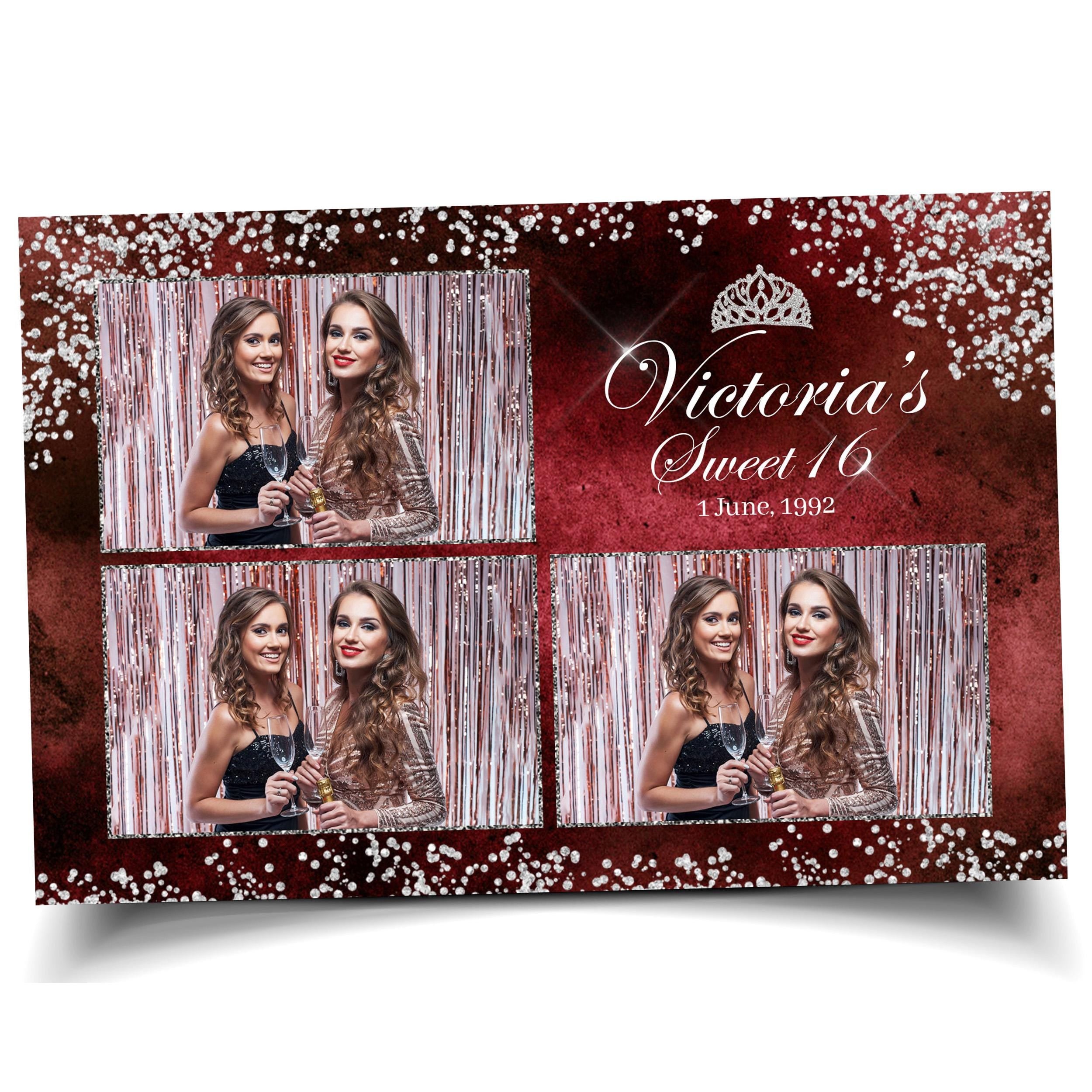 Sweet 16 Quinceañera Birthday Photobooth Template 4x6 3 photo maroon dark red color with silver accent silver glitter crown mis quince S2