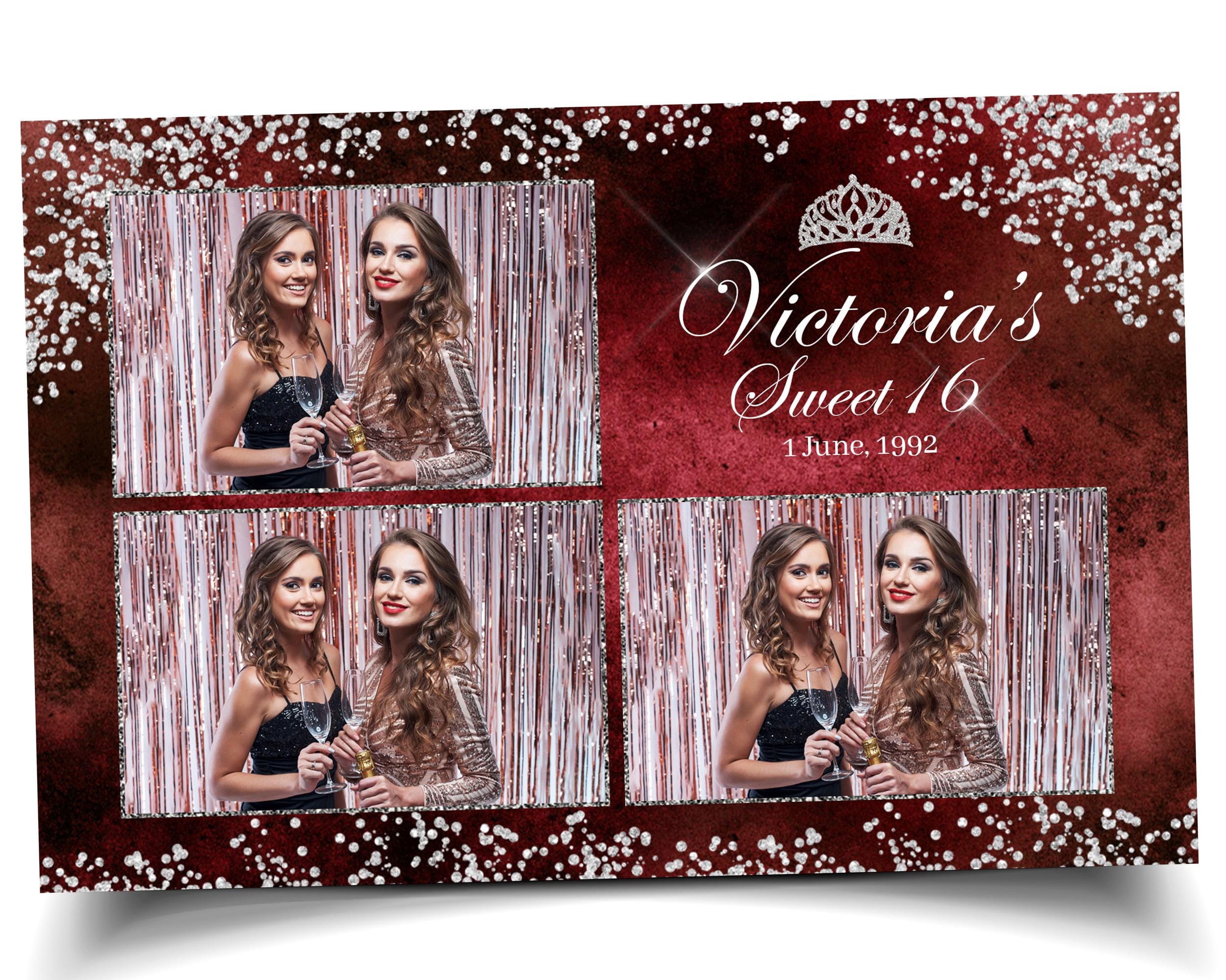 Sweet 16 Quinceañera Birthday Photobooth Template 4x6 3 photo maroon dark red color with silver accent silver glitter crown mis quince S2