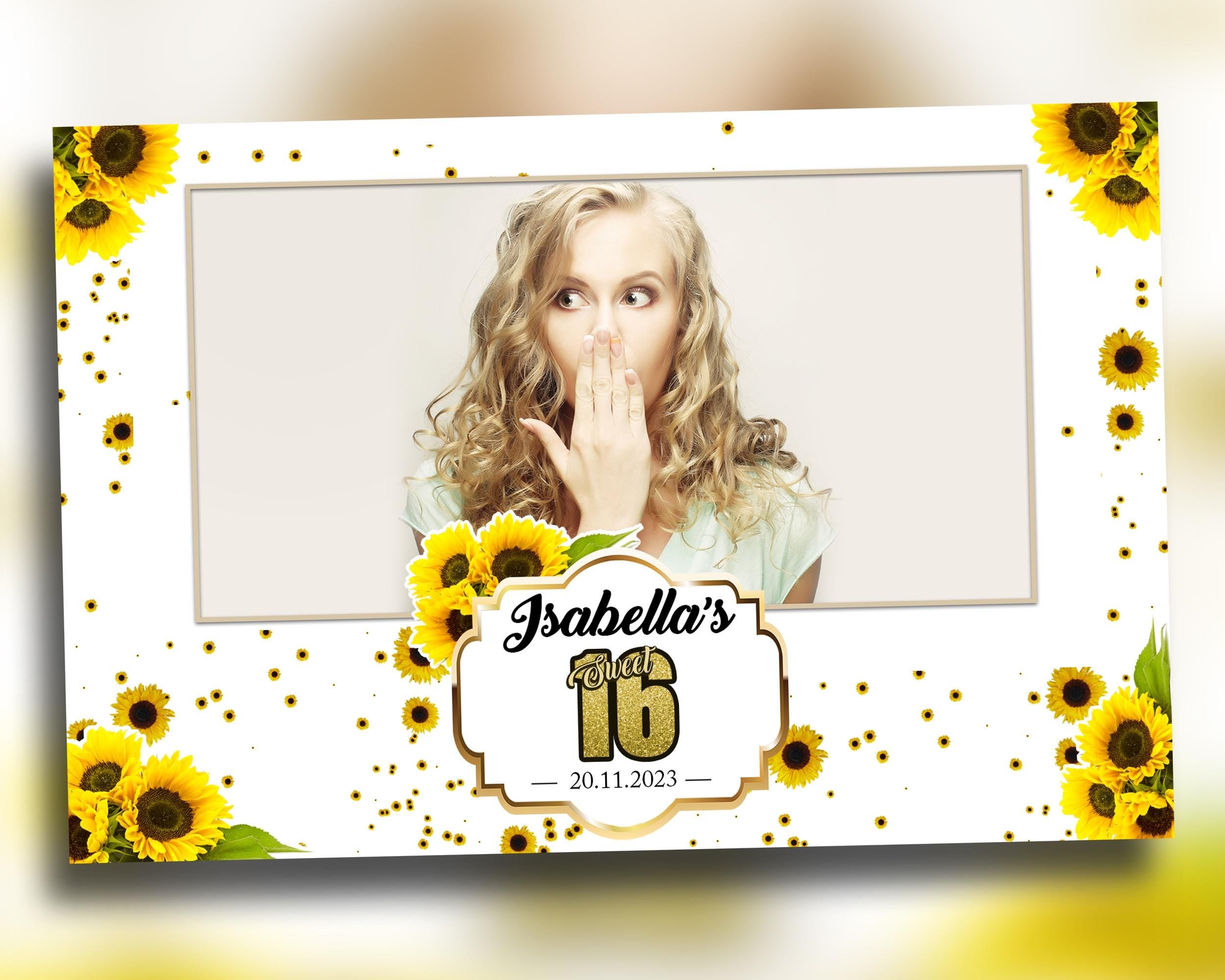 Sunflower Birthday Photobooth Template Sweet 16 Quinceañera 4x6 landscape single photo booth template with gold glitter texts - Layout 5 BM8