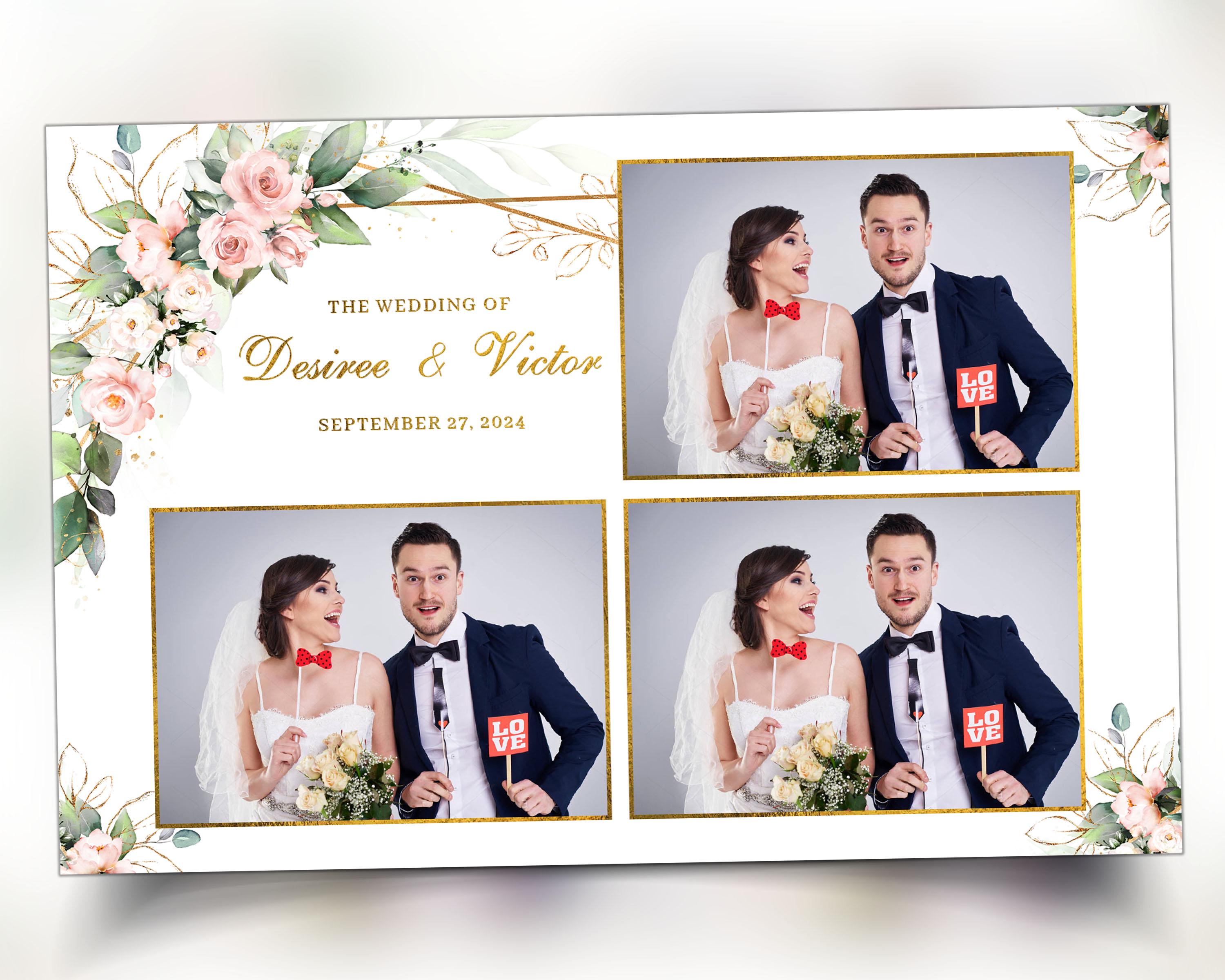 Wedding Photobooth template 4x6 with Floral pink flowers and greenery with gold lines Anniversary photo booth template 683