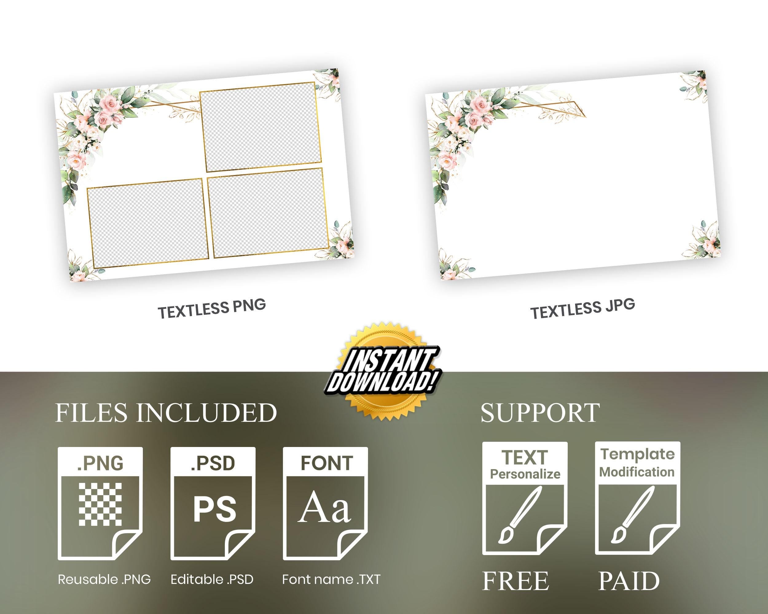 Wedding Photobooth template 4x6 with Floral pink flowers and greenery with gold lines Anniversary photo booth template 683