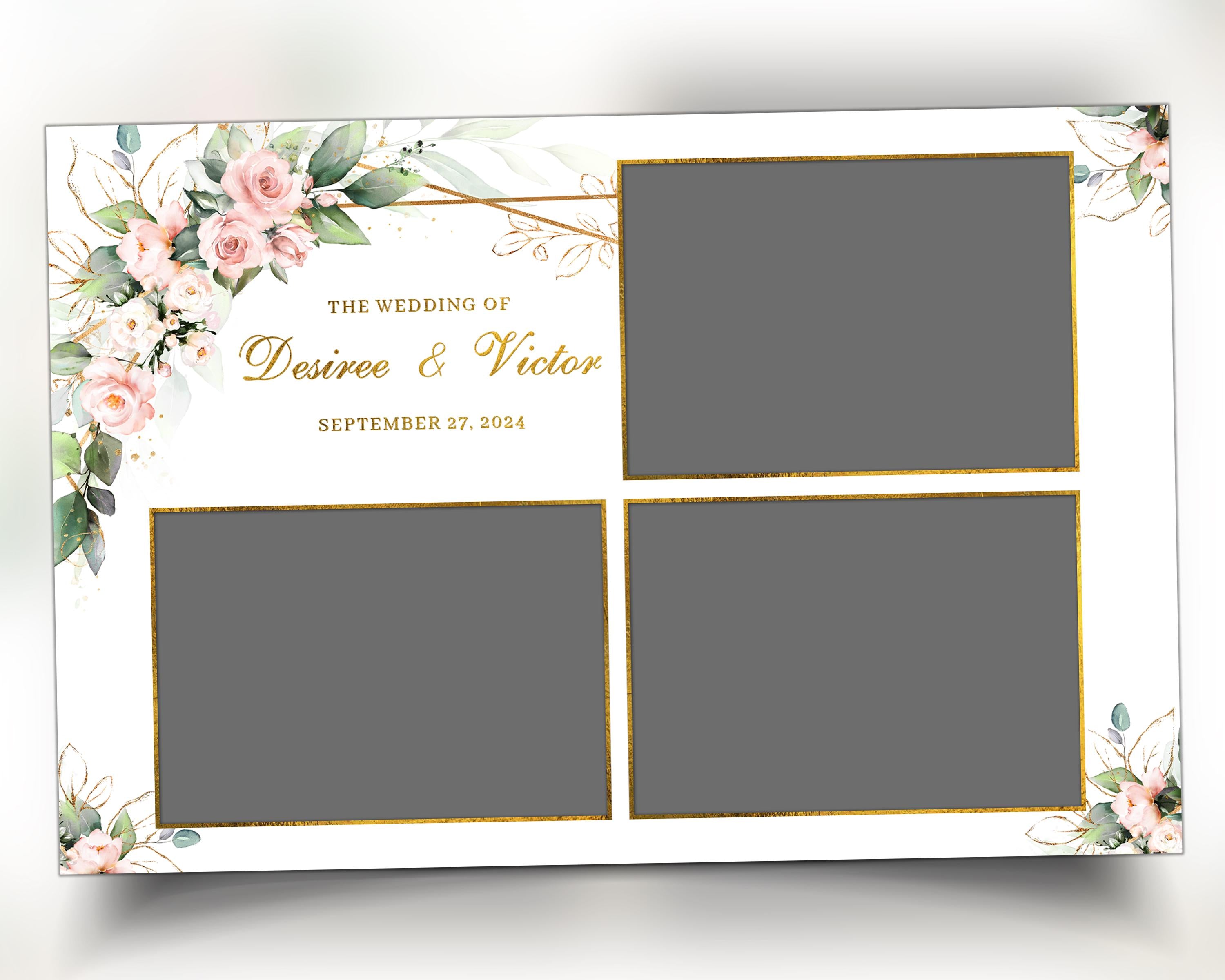 Wedding Photobooth template 4x6 with Floral pink flowers and greenery with gold lines Anniversary photo booth template 683