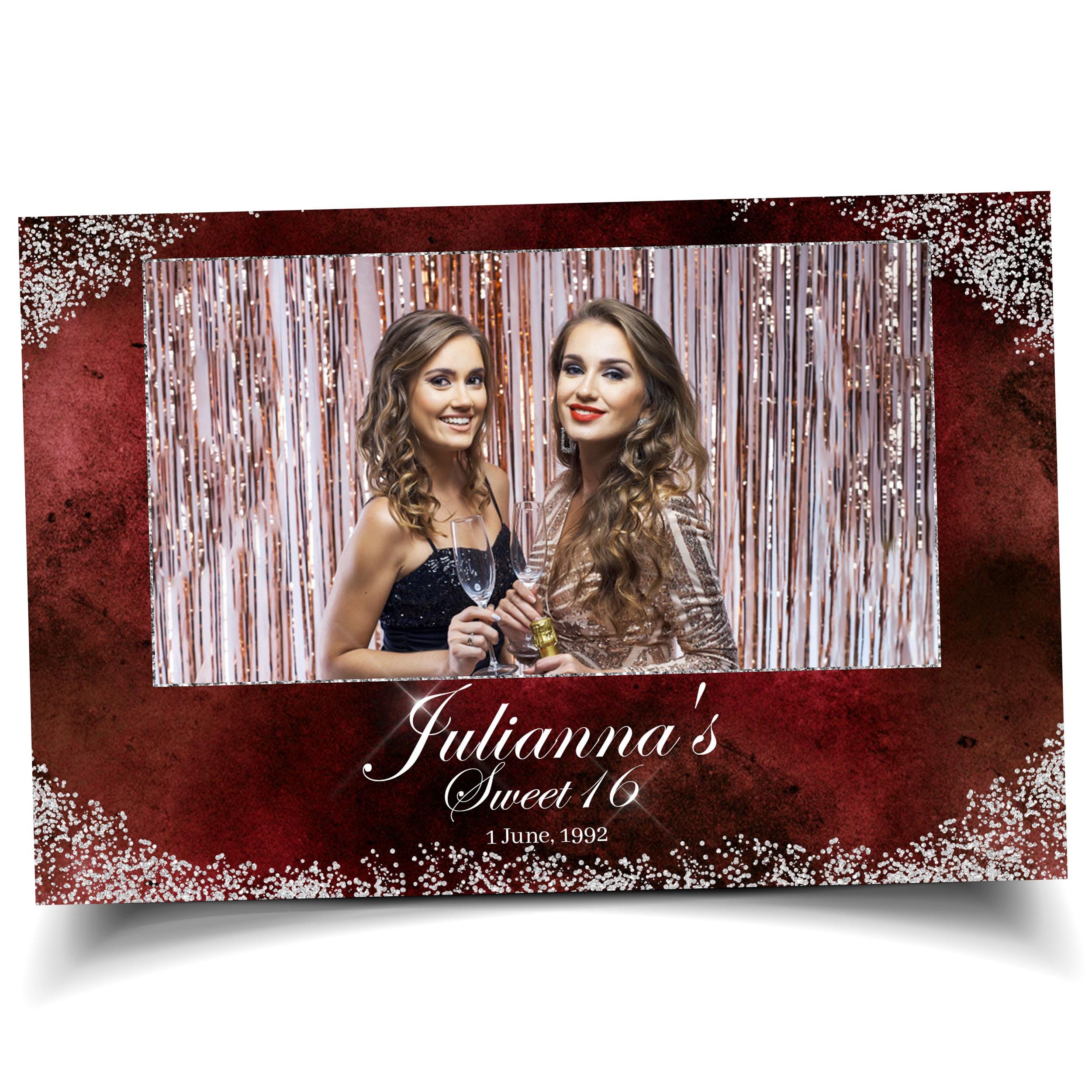 Birthday Photobooth Template Sweet 16 Quinceañera 4x6 landscape maroon burgundy color with silver glitter accent and crown mis quince S2