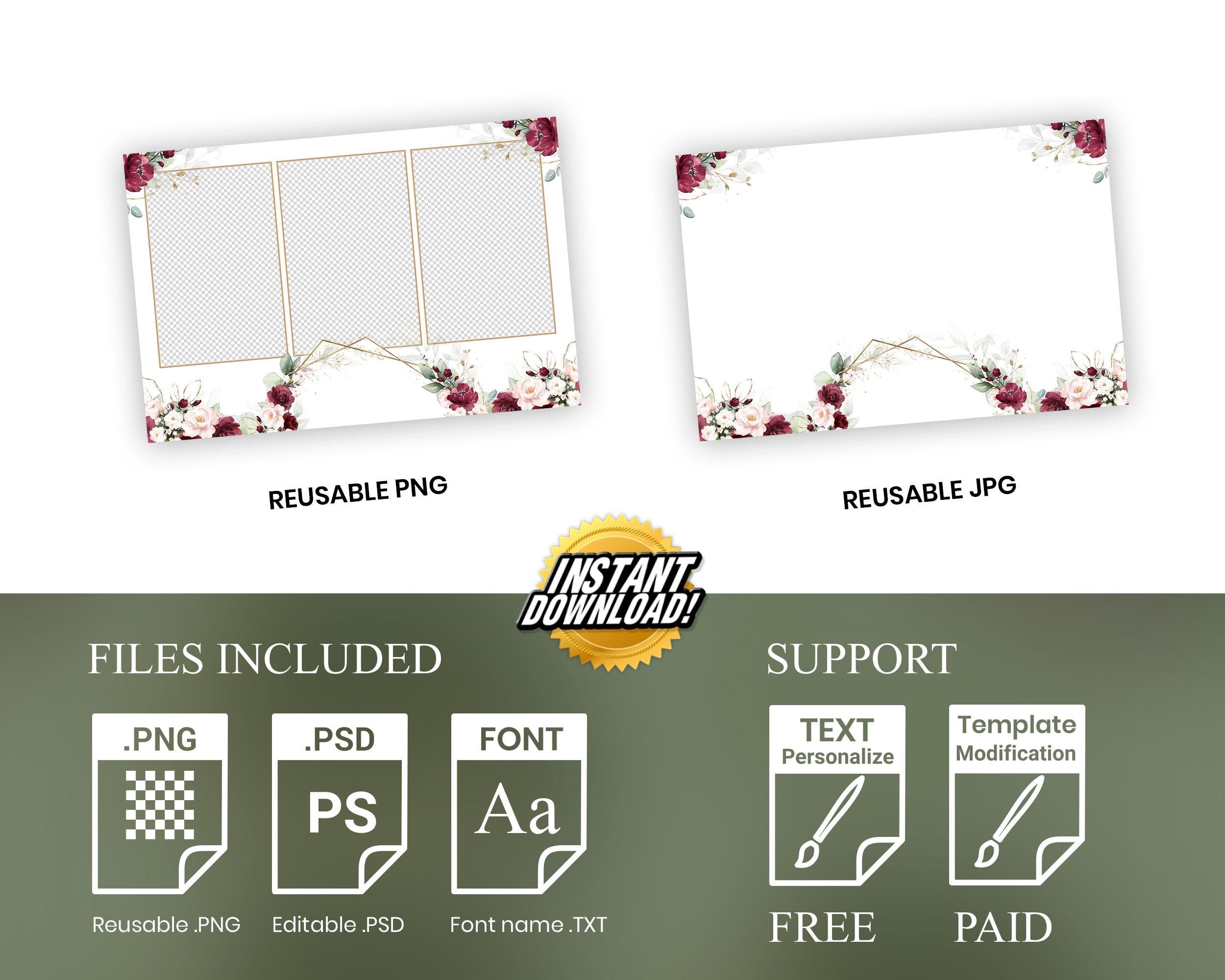 Maroon and Light Pink Wedding Photobooth template 4x6 with Floral blush flowers with greenery postcard photo booth template 703