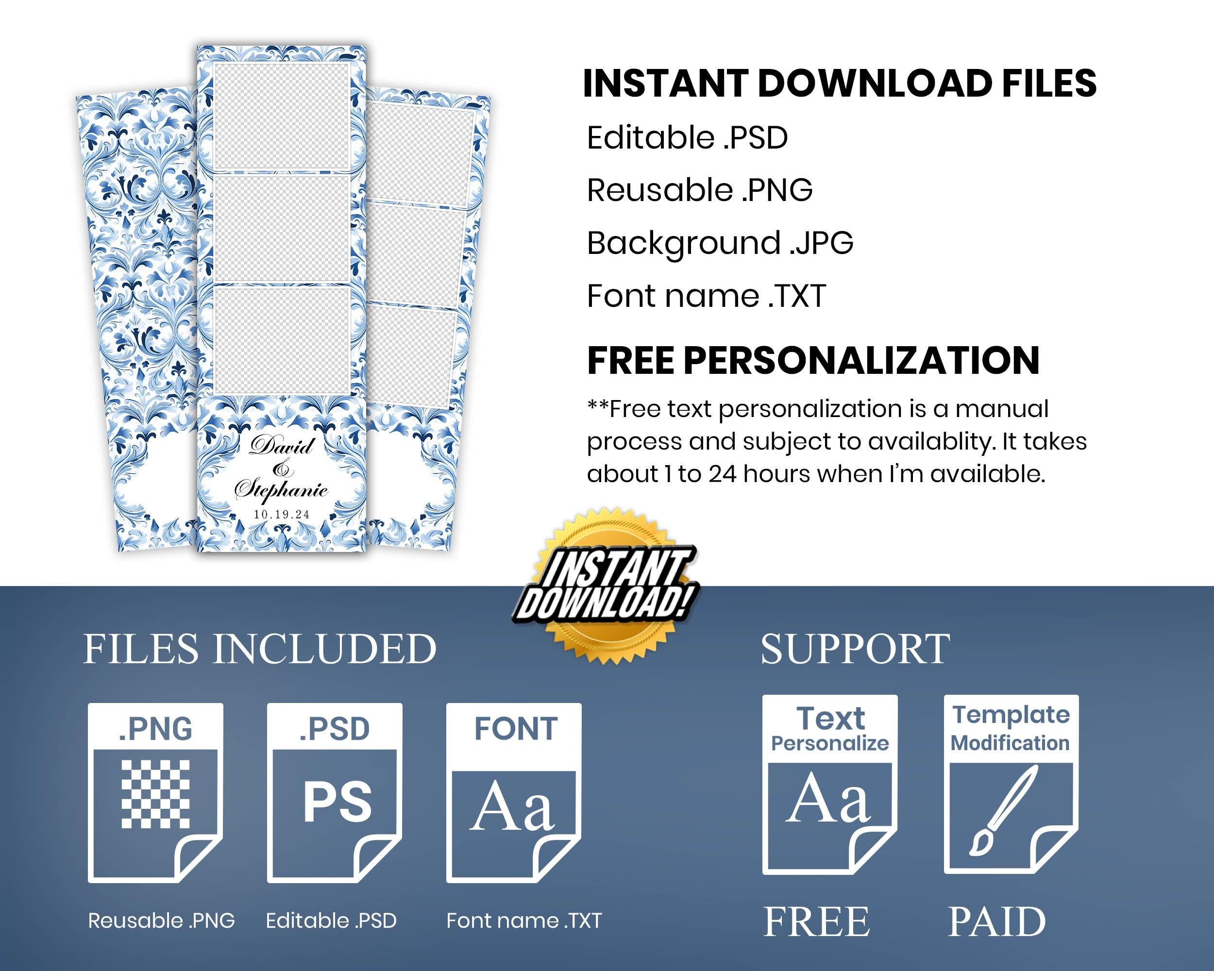 Chinoiserie Theme Photobooth Template Blue Floral Wedding Anniversary Photo Booth Overlay 1374