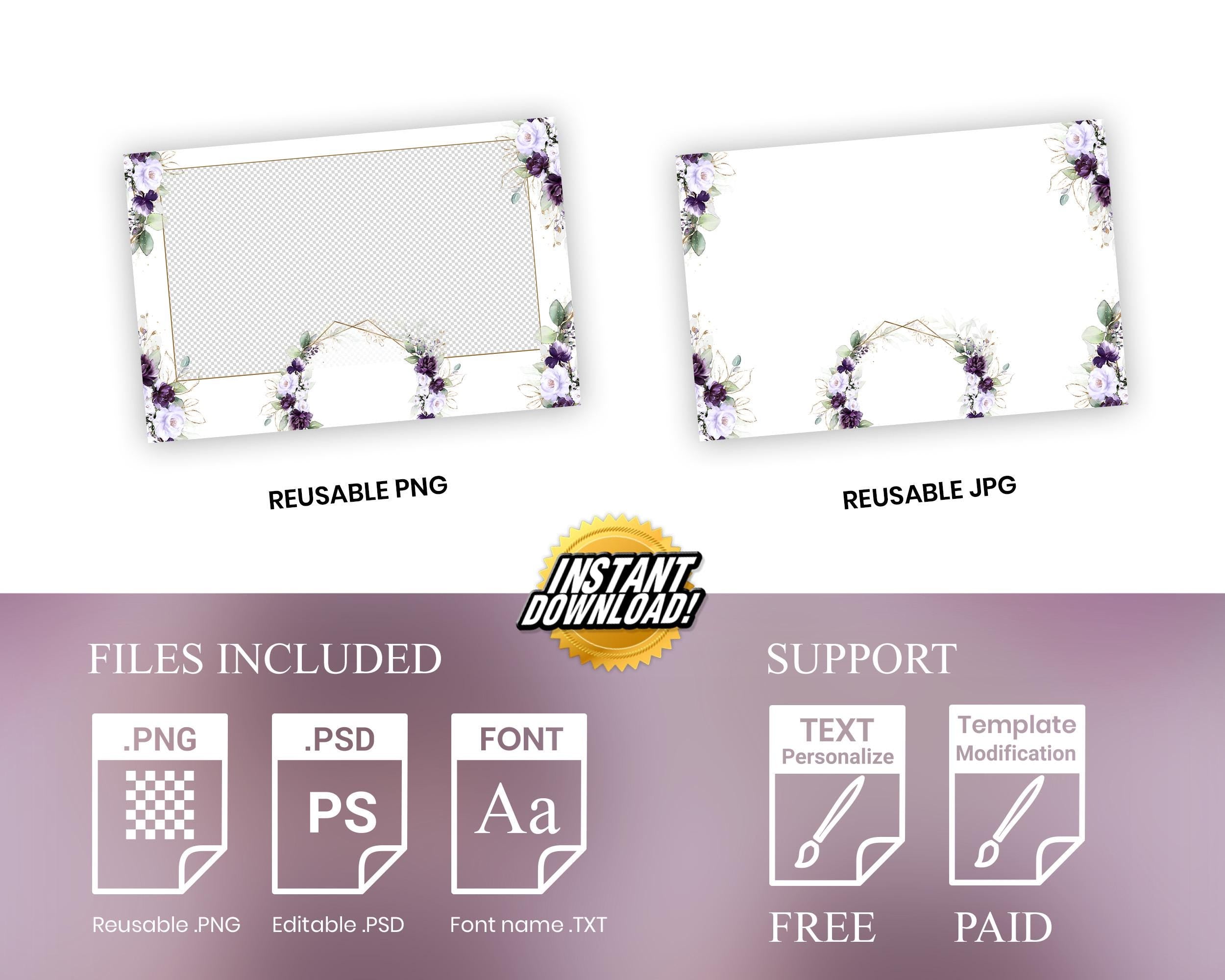 Purple Flowers Wedding Photobooth Template, Floral Blush Rose and Greenery Photo Booth 723