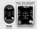Salsa Tap to Start for Birthday Photobooth Silver Black Balloon | 2048x2732 Pixel Welcome Screen for Birthday Photo Booth | bday | Silver
