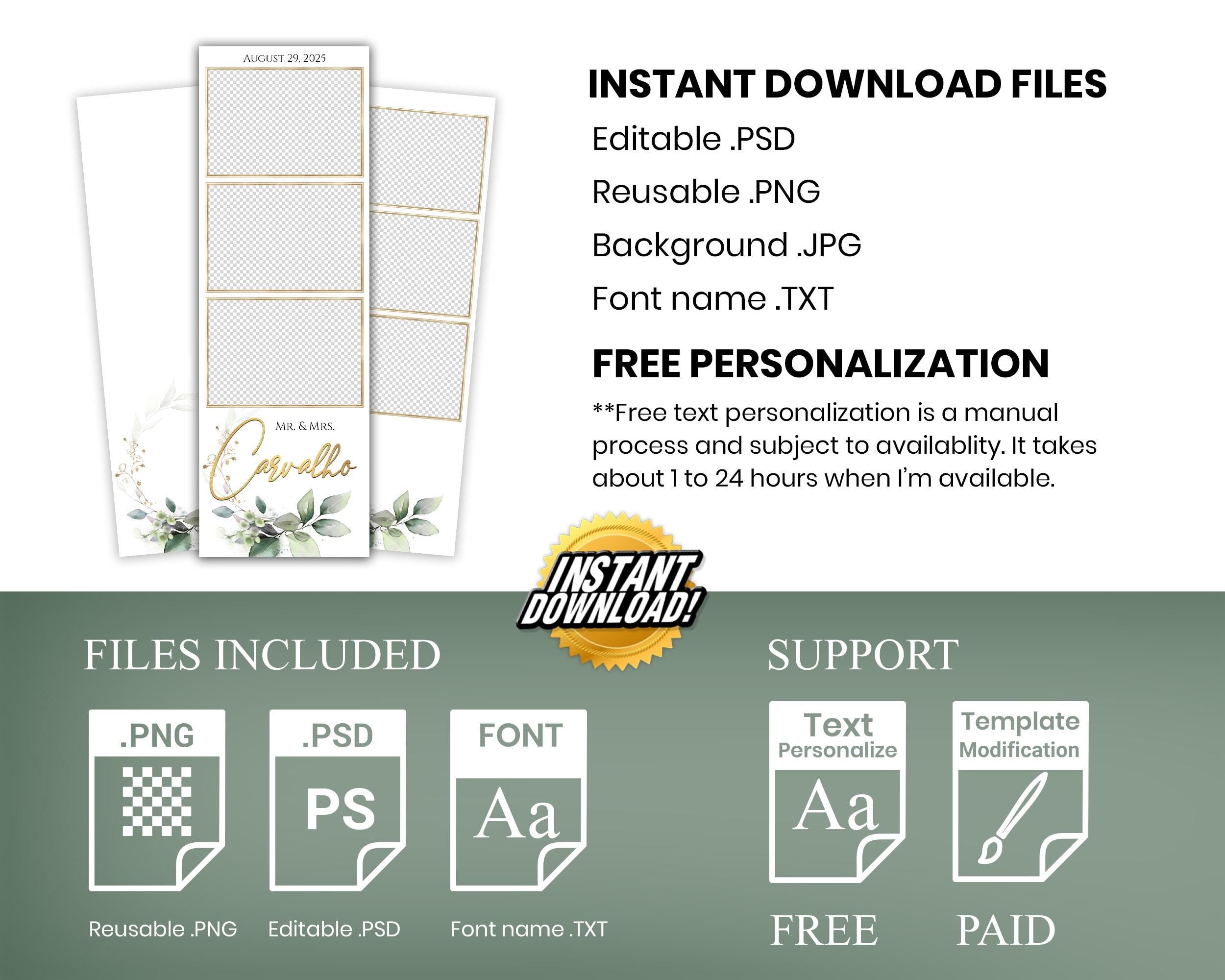 Wedding Photo booth Template 2x6 Greenery and Gold Floral Bridal Shower Anniversary strip photobooth template watercolor eucalyptus TB336