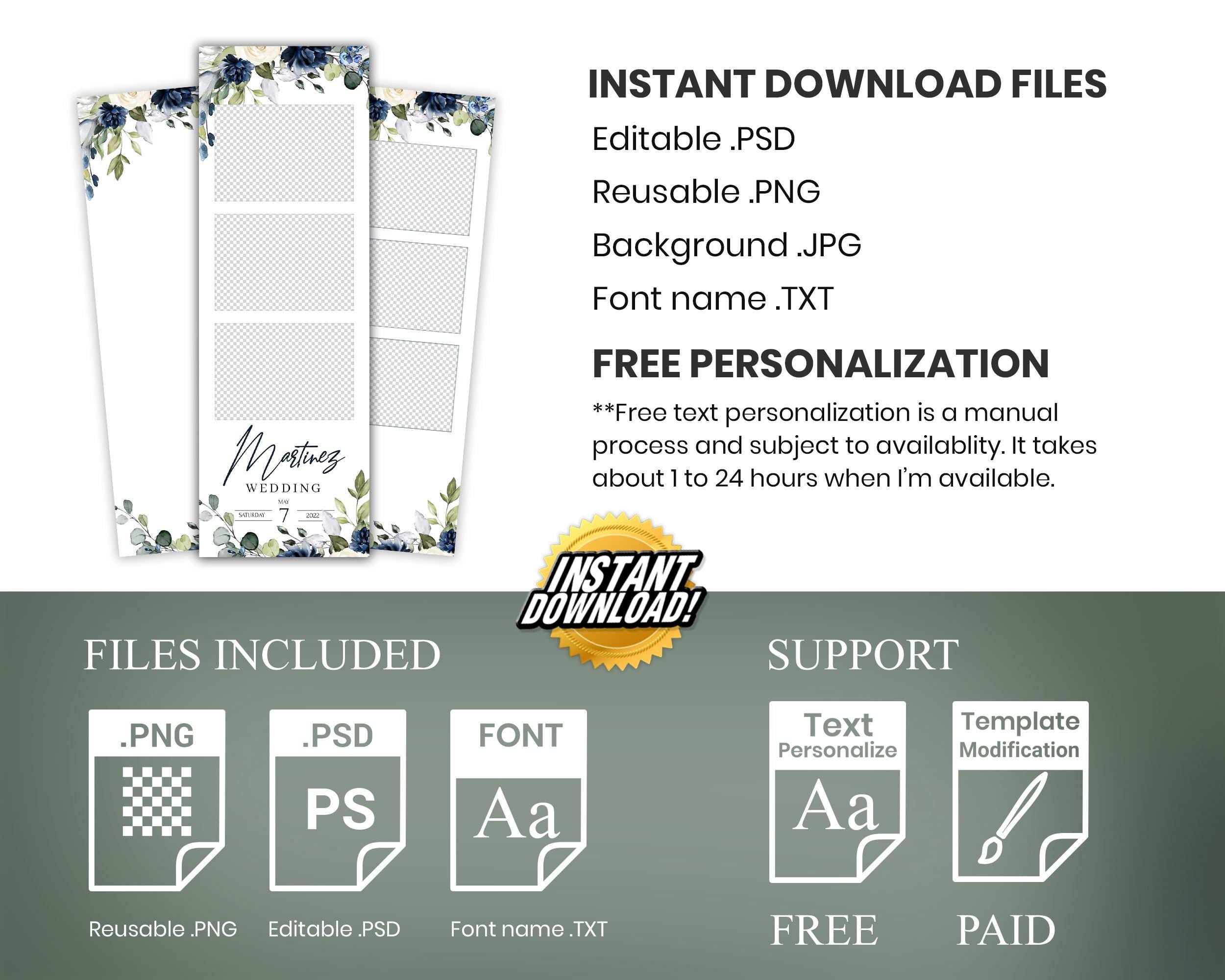 Wedding Photobooth Template, Bridal Shower Photo Booth 2x6 Strip, Blue Flower and Greenery Anniversary Overlay, SKU 724