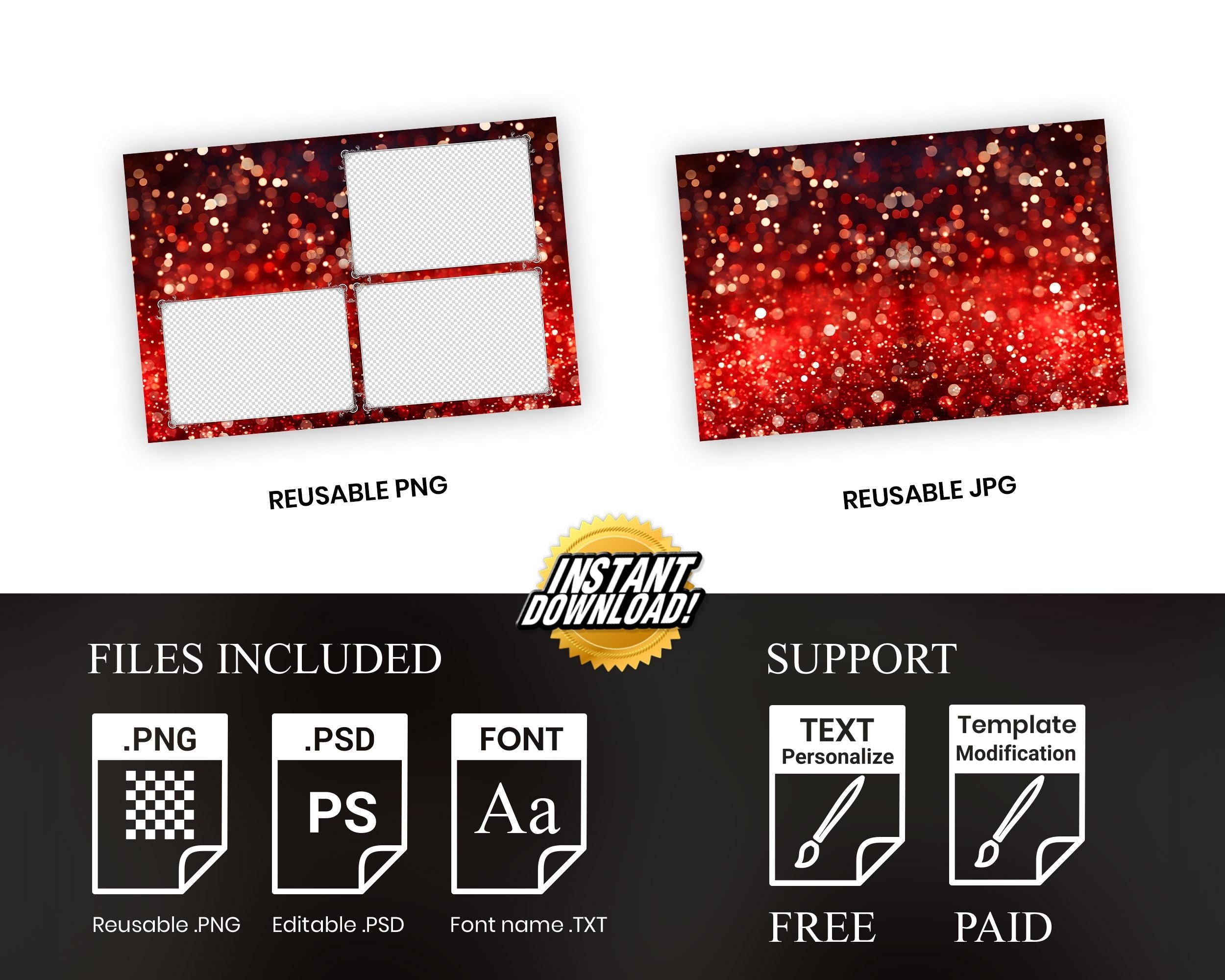 Photobooth Template for Wedding, Birthday Photobooth, Sweet 16, Anniversary Red 4x6 Photo Booth Overlay, Red Bokeh Bday Overlay, 725