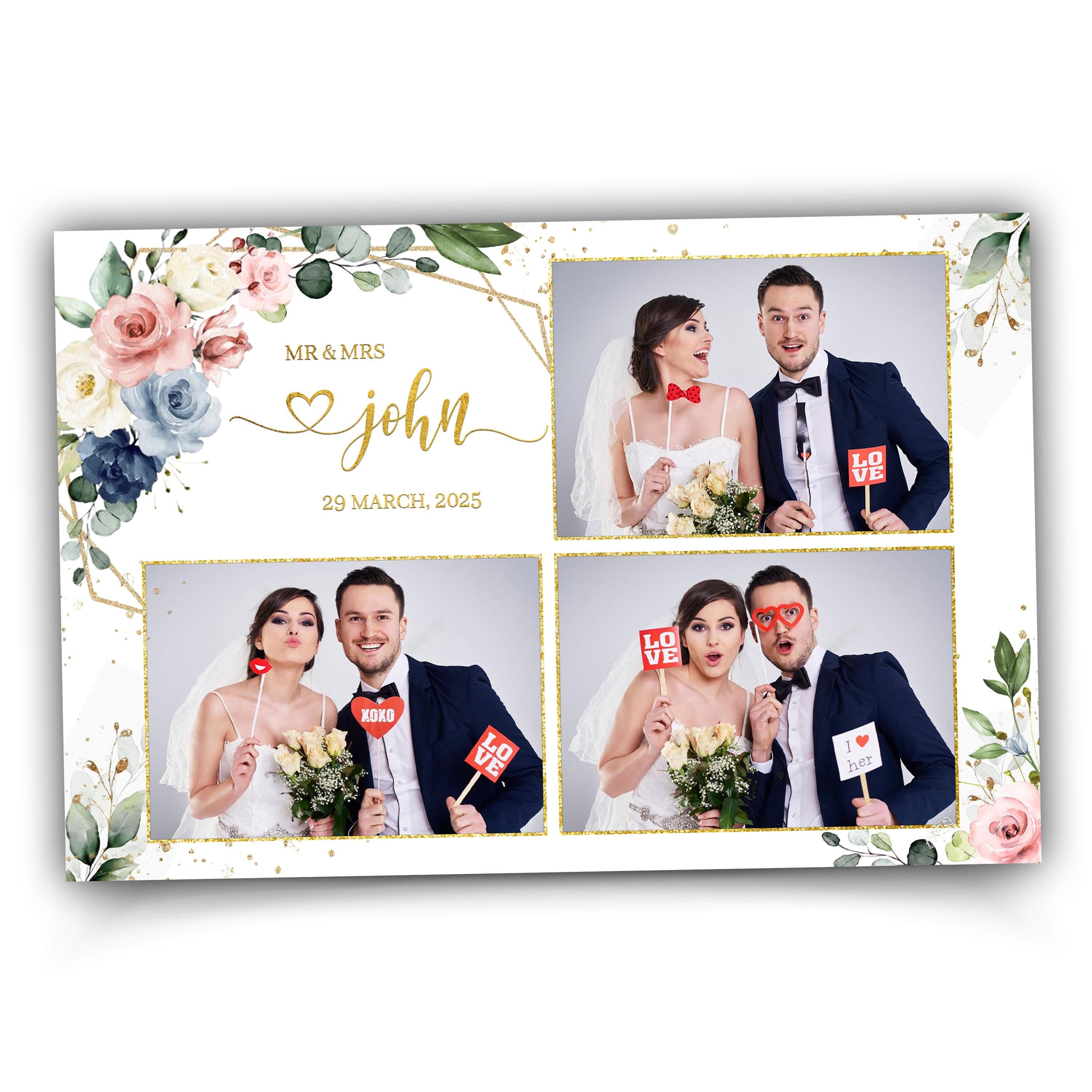 Wedding floral photobooth template, Anniversary floral blush greenery, and flowers, Gold geometric text editable photo booth 1054