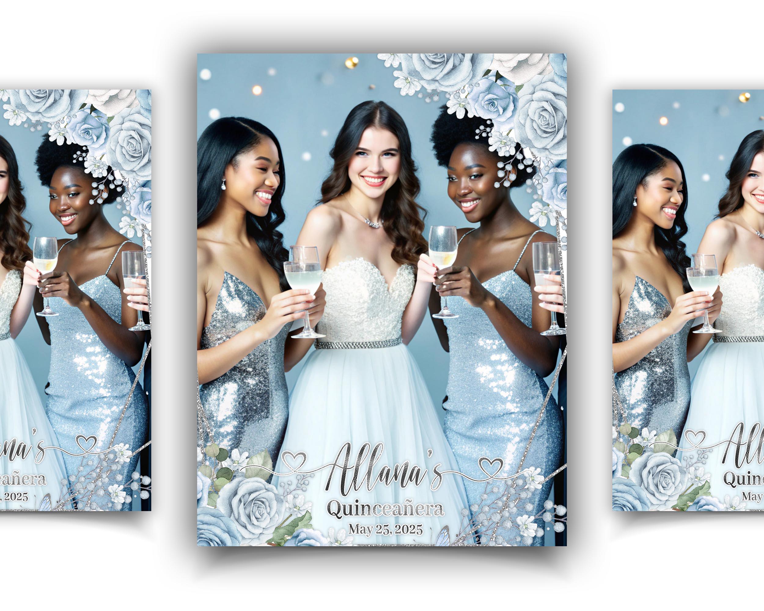 Intro screen- 2048x2732 | Overlay- 2048x3072 | 1200x1800 Template | Blue Silver Floral, Birthday Quinceañera, Sweet 16 Photbooth